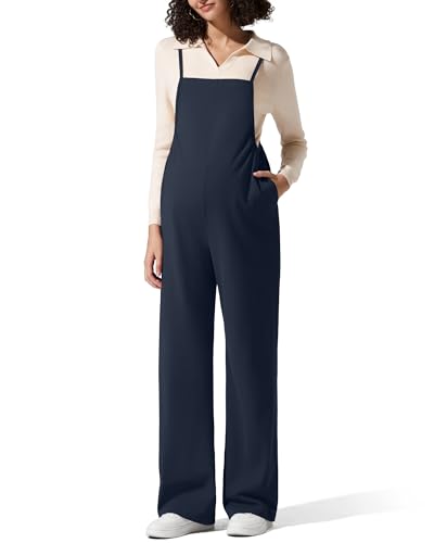G4Free Maternity Jumpsuits Adjustable Strap Wide Leg Pregnancy Rompers - color: Dark Navy, size: Large