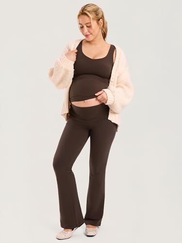 MOMANDA Cotton Maternity Foldover Pants 30.5" - color: Clay Brown, size: Medium