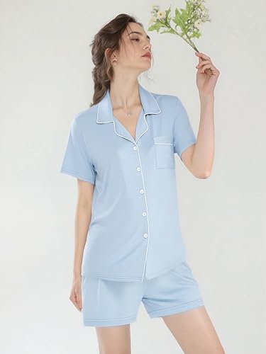 Senert Womens Pajamas Set Short Sleeve Sleepwear - color: A. Blue, size: Medium