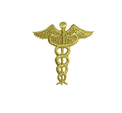 Gold - Caduceus - Medical Nursing - Embroidered Iron on Patch