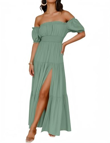 ZESICA Womens 2026 Summer Off Shoulder Boho Maxi Dress - color: Green, size: Medium