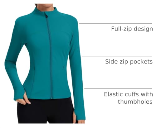 Rapbin Women's Full Zip Workout jackets Runing Slim Fit Athletic Tops With Thumb Holes - color: Blue Green, size: Medium
