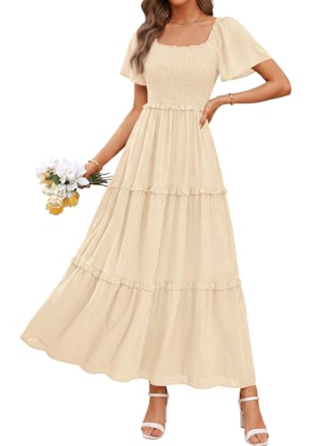 PRETTYGARDEN Womens Summer Dresses Boho Maxi Swiss Dot Dress - color: Beige, size: Medium