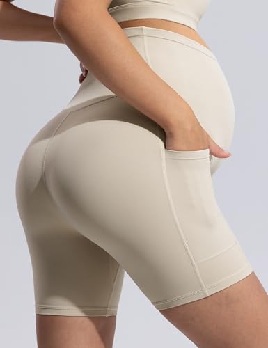 POSHDIVAH Creamluxe Maternity Biker Shorts with Pockets 6"/8" - color: Light Apricot, size: Large