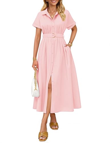 ZESICA Women's Summer Button Down Short Sleeve Midi Dress - color: Pink, size: Large