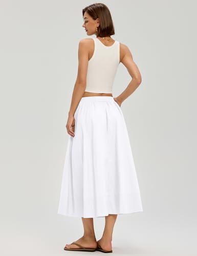 LOMON Midi Skirts for Women with Pockets A-Line Cotton Flowy Elastic Waist - color: White, size: X-Large