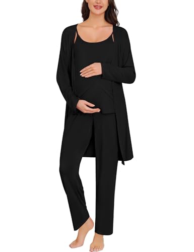 SWOMOG Maternity Pajamas Set 3 PCS Nusing Pajamas Labor and Delivery Gown & Camisole & Pants Postpartum Pjs - color: Black, size: Small