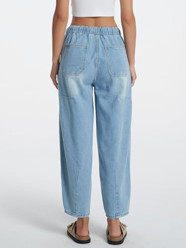 Drawstring Barrel Jeans for Women Elastic Waist Baggy Wide Leg Denim Pants - color: Light Blue, size: X-Large