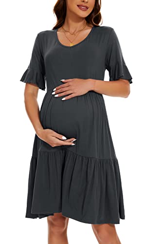Smallshow Women's Maternity Dress Ruffle Short Sleeve Pregnancy Clothes - color: Dark Grey, size: Large