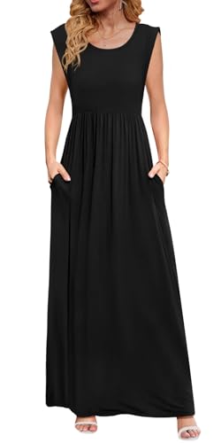 DB MOON Womens 2026 Maxi Dresses Empire Waist Long Summer Dress Casual Cap Short Sleeve Sundress with Pockets - color: Black 01, size: Large