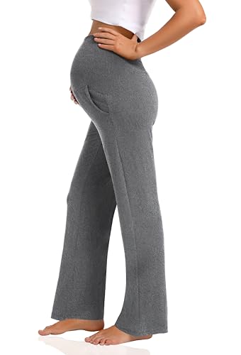 Foucome Women's Maternity Pants Wide Leg Pregnancy Work Pants - color: 2 Pack Black+melange Grey, size: X-Large