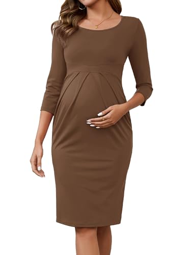 Maternity Work Dress 3/4 Sleeve Formal Business Outfit - color: Brown, size: Large
