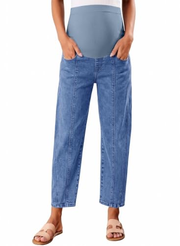 BLENCOT Maternity Jeans Over Belly Baggy Leg Ankle Stretchy Pregnancy Pants - color: Dusk Blue, size: Medium