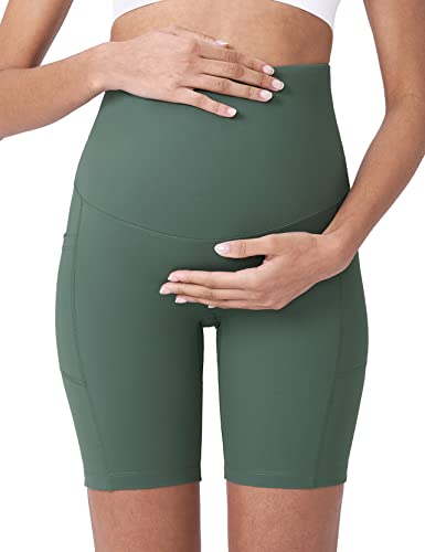 POSHDIVAH Maternity Biker Shorts Over the Belly with Pockets 5"/8" - color: Black Crab Green, size: Medium