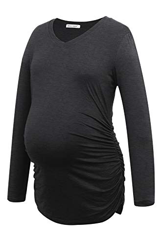 Smallshow Women's V-Neck Maternity Shirt Clothes Long Sleeve Ruched Pregnancy Top - color: Black-deep Grey-light Grey(3 Pack), size: Large