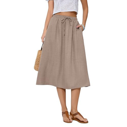Witsmile Women's Summer Boho High Waist Pleated Flowy Midi Skirt - color: B-01 Beige, size: Small
