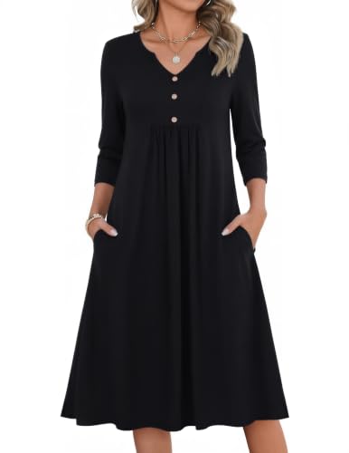 Zeagoo Womens Dresses 3/4 Sleeve Casual Fall A Line Midi Dress with Pockets - color: Black, size: Large