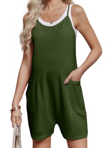 FMEYOA Maternity Romper Sleeveless Overall Shorts Jumpsuit with Pockets - color: Army Green, size: Medium