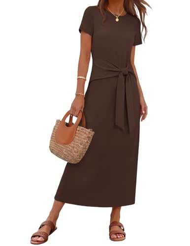 MEROKEETY Women's Summer T Shirt Casual Work Wrap Maxi Dresses - color: Coffee, size: Medium