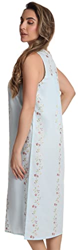 Dreamcrest Women's Sleeveless Nightgown, Floral Embroidered Cotton Blend Waltz Sleep Dress with Button Front - color: Blue, size: Medium