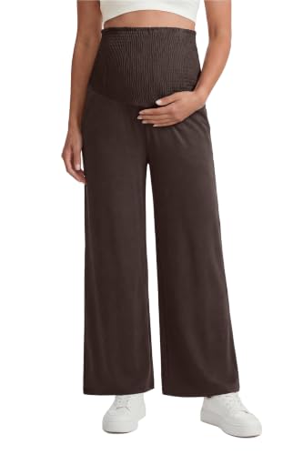 OUGES Womens Lyocell Cotton Maternity Pants Over Belly Smocked Waist Stretchy Casual Wide Leg Palazzo Pants with Pockets - color: Dark Brown, size: Medium