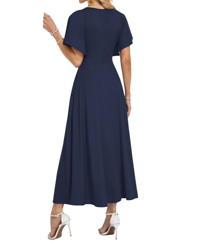 AUSELILY Maxi Dresses Women 2026 Ruffle Sleeve V Neck Summer Wrap Dress - color: Navy Blue, size: Medium