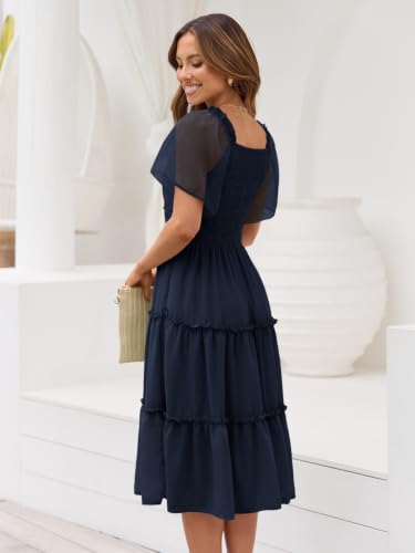 LILLUSORY Women Tiered Flutter Sleeve Square Neck Smocked Midi Dress - color: Navy Blue, size: Medium