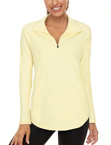 LURANEE Womens UPF 50+ Long Sleeve 1/4 Zip Pullover Athletic Hiking Running Workout Tops - color: Light Yellow, size: Small