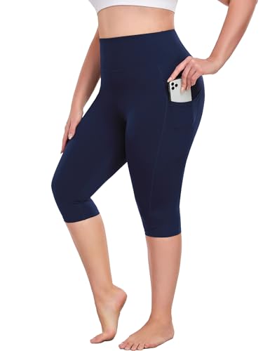 16" Womens Plus Size Capri Yoga Pants with Pockets 16" Knee Length - color: Navy Blue, size: X-Large Plus