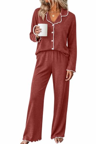 WIHOLL Women's Pajamas Sets Cute Ruffle Long Sleeve Button Up 2 Piece Pjs - color: Caramel, size: Small