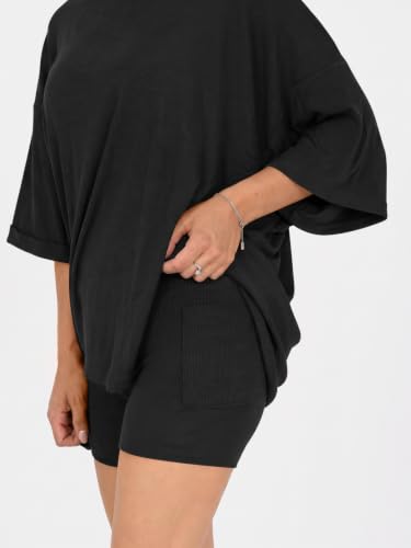 Fisoew Womens 2 Piece Lounge Set Ribbed Oversized T-Shirt Biker Shorts - color: Black, size: Large