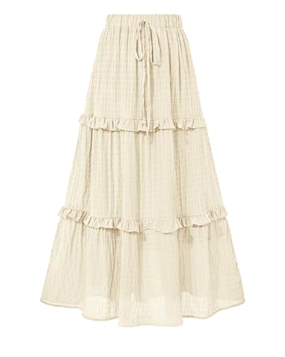 BTFBM Casual Solid Maxi Skirt Fall Clothes Flared A-Line Skirts for Women - color: Beige White, size: Small