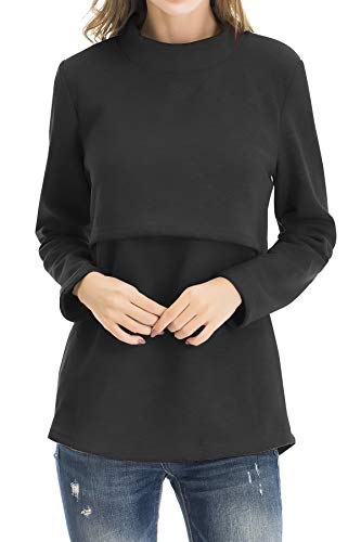 Smallshow Women's Fleece Nursing Tops Shirts Long Sleeve Breastfeeding Clothes - color: Black, size: Small