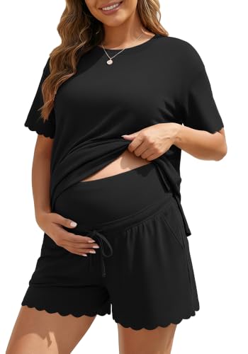 Charmo Two Piece Short Sets Women Scalloped Summer Maternity Outfits 2026 - color: Black, size: Medium