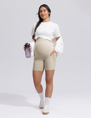 POSHDIVAH Creamluxe Maternity Biker Shorts with Pockets 6"/8" - color: Light Apricot, size: Large