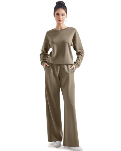 SUUKSESS Women Modal 2 piece outfits Oversized Sweatshirt Wide Leg Pants - color: Khaki, size: Medium