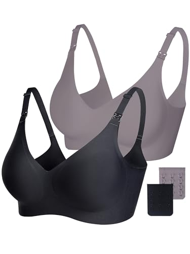 Vinfact Smooth Nursing Bras for Breastfeeding Seamless Maternity Bras for Pregnancy Wireless Bralette with Extra Bra Extender - color: 2pcs(black+grey), size: Medium