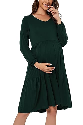 Smallshow Women's Maternity Dress Ruffle Long Sleeve Pregnancy Clothes - color: Deep Green, size: Small