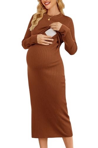 OUGES Women's Wool Blend Sweater Nursing Ribbed Fall Maternity Dress - color: Red Caramel, size: Large