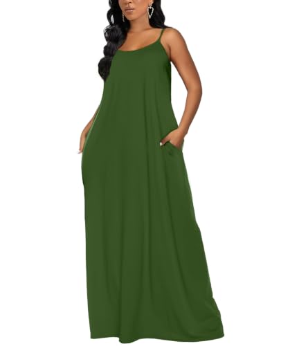 OFEEFAN Women's Maxi Dresses Summer Spaghetti Strap Dress with Pockets - color: Ae- Army Green, size: Medium