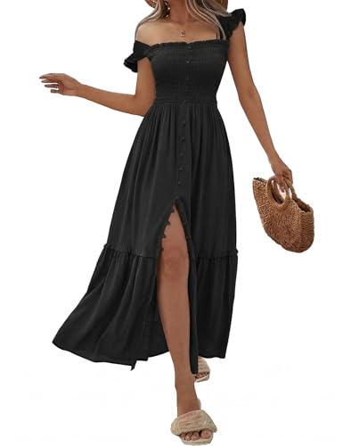 Women Summer Casual Midi Dress Square Neck Button Down Smocked Ruffle Strap Flowy Split Beach Sundress Pockets - color: Black, size: Medium
