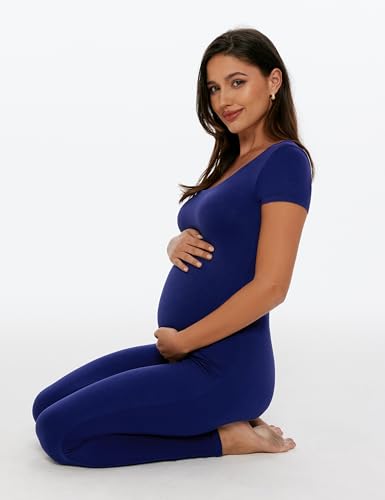 POSHDIVAH Maternity Jumpsuit Romper Leggings Short Sleeve - color: Navy Blue, size: Small