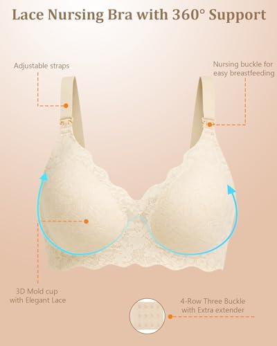 Lace Nursing Bras for Breastfeeding, Wireless Maternity Bra - color: Beige/White, size: X-Large