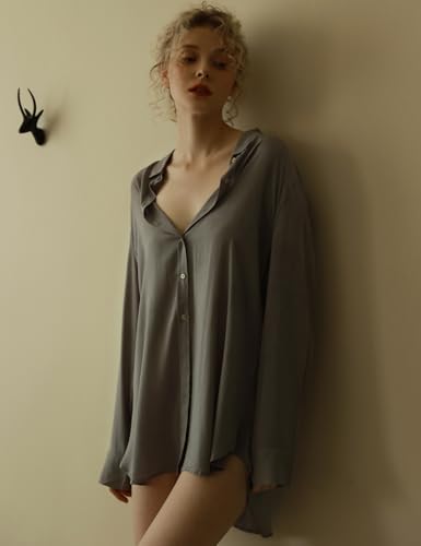 TOUSYEA Soft Women's Sleepshirt Oversized Button Down Swimsuit Cover Ups - color: Grey, size: Small
