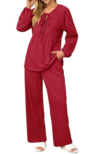 OUGES Womens Cotton Blend Maternity Pajama Sets Tie Front Loungewear Pregnancy Sleepwear Top & Long Pants with Pockets - color: Red, size: Medium