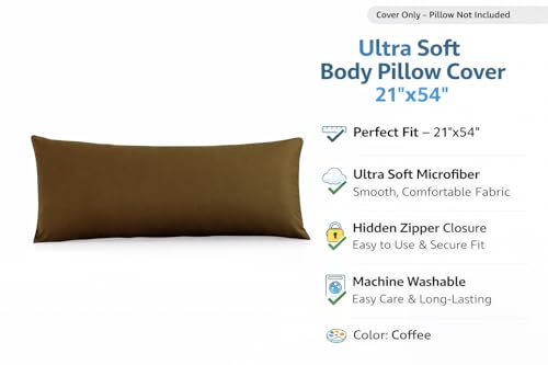 EVOLIVE Body Pillow Cover 21"x54", Microfiber, Hidden Zipper, (Coffee) - color: Coffee