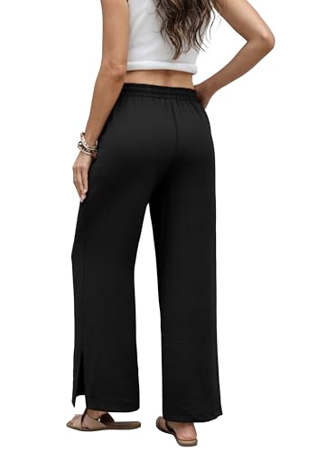 Sampeel Womens Wide Leg Beach Pants Elastic Waist Lightweight Casual Flowy Palazzo Lounge Trousers with Pockets - color: Black, size: X-Large