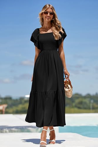 MASCOMODA Womens Summer Casual Smocked Flowy Midi Dress - color: Black, size: Large