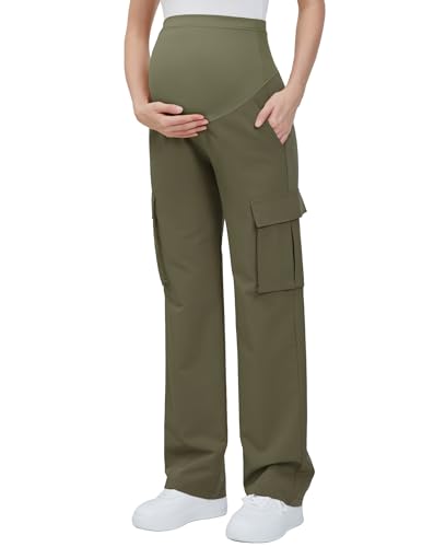 GLAMIX Women's Maternity Cargo Pants with Four Pockets Over The Belly Scrub Pants Pregnancy Clothes - color: Olive, size: X-Large