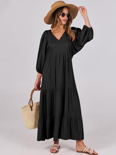 ANRABESS Womens Boho Floral 3/4 Puff Sleeve Maxi Dress - color: Black, size: Medium